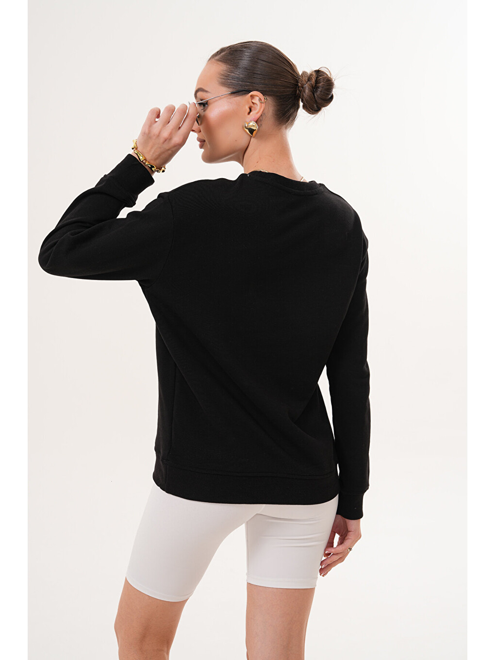 Siyah Unisex Bisiklet Yaka %100 Pamuk Basic Sweatshirt-4