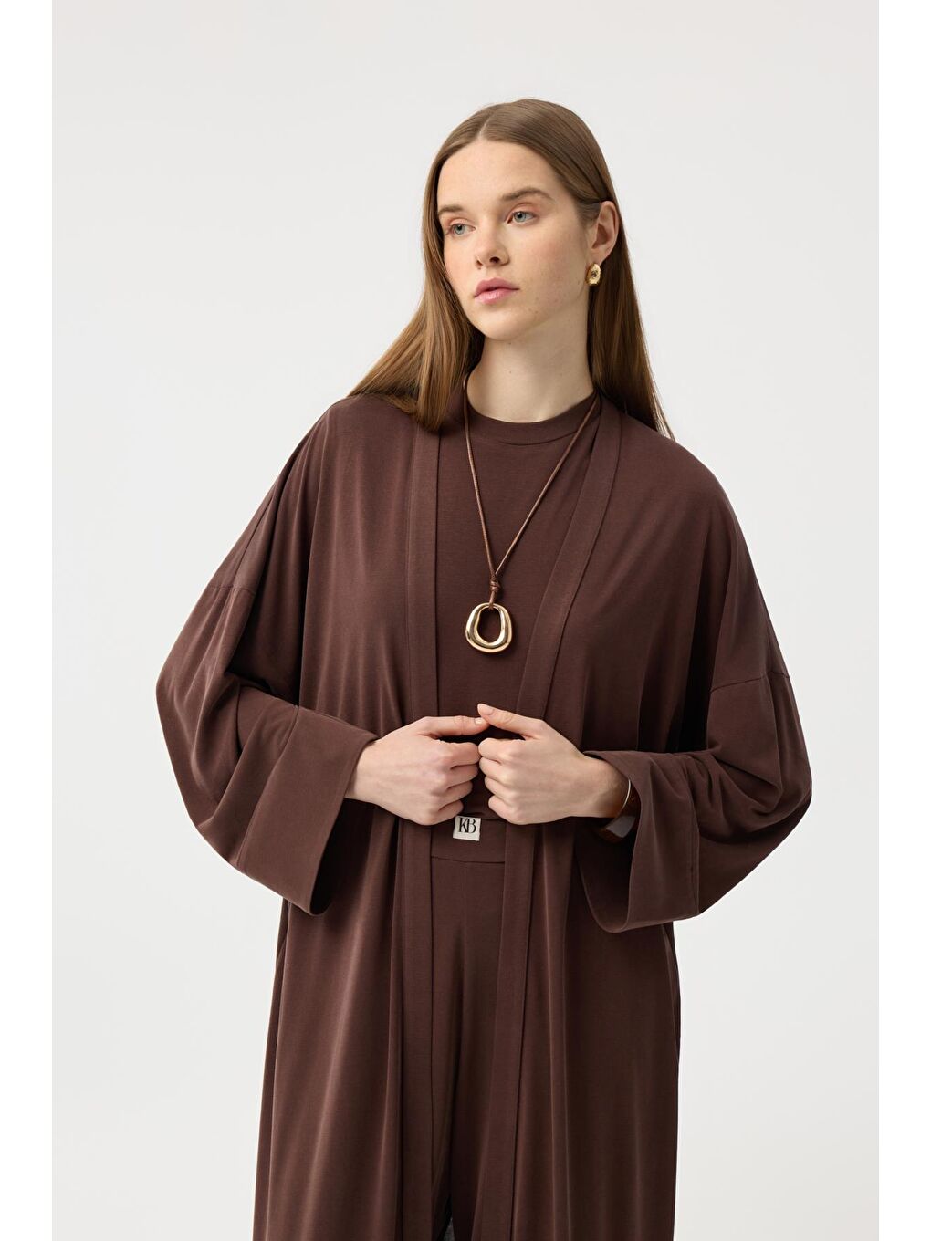 Modal Cupra Pantolon Bluz Abaya Takım Kahverengi-3