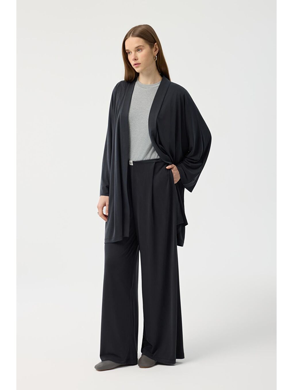 Modal Cupra Geniş Pileli Pantolon Midi Abaya Takım Siyah
