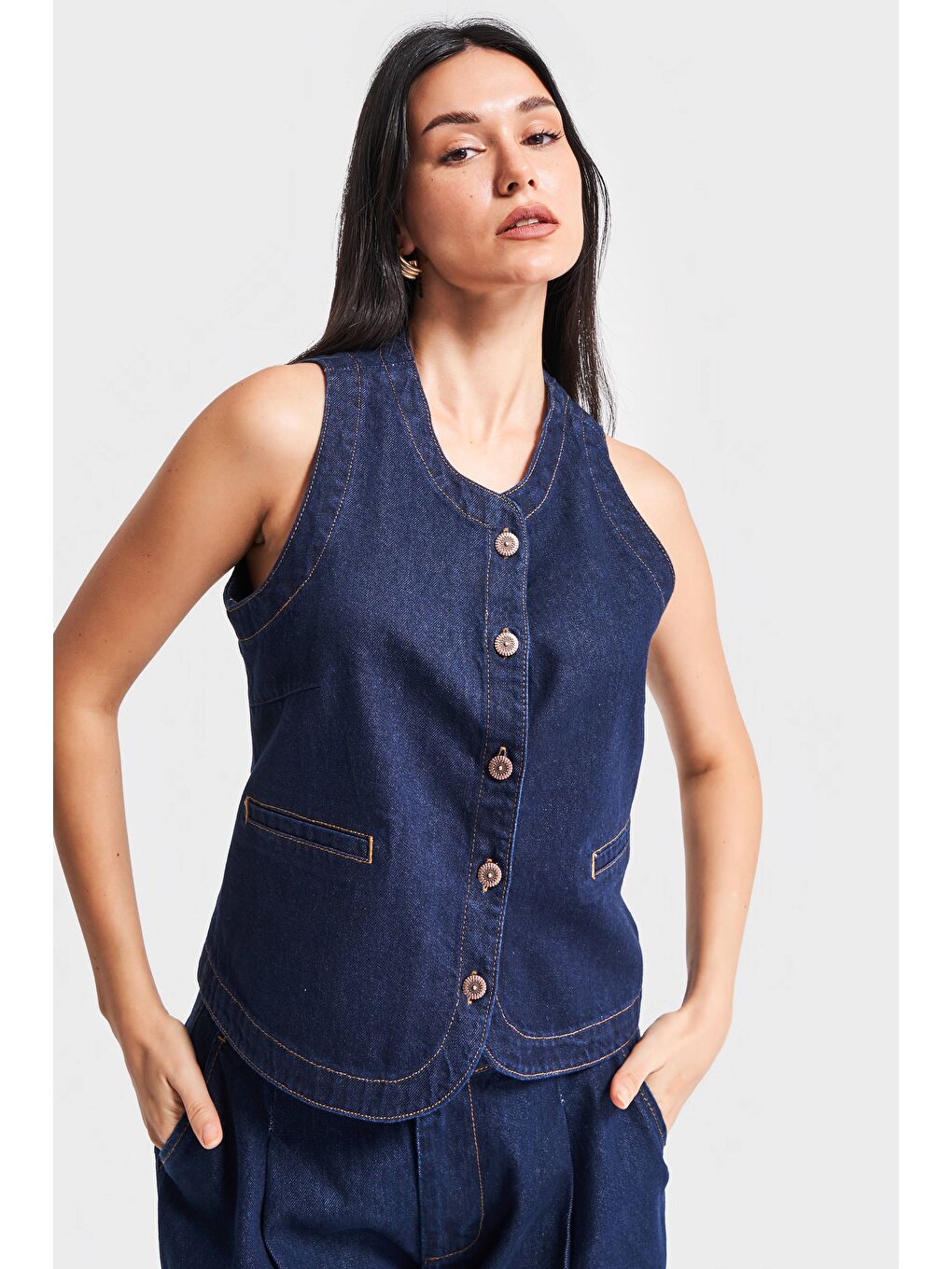 It's Basic Indigo Kadın İndigo Renk 7s5 50 Kemer Boy Önü Düğmeli  100 Pamuk Sıfır Kol Denim Yelek