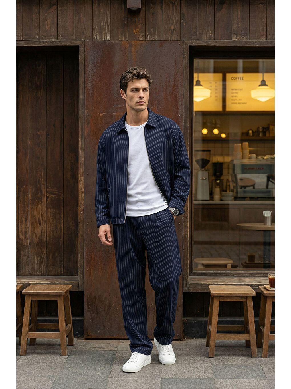 Lacivert Aniva Erkek Çizgili Geniş Kalıp İkili Takım Ceket Pantolon