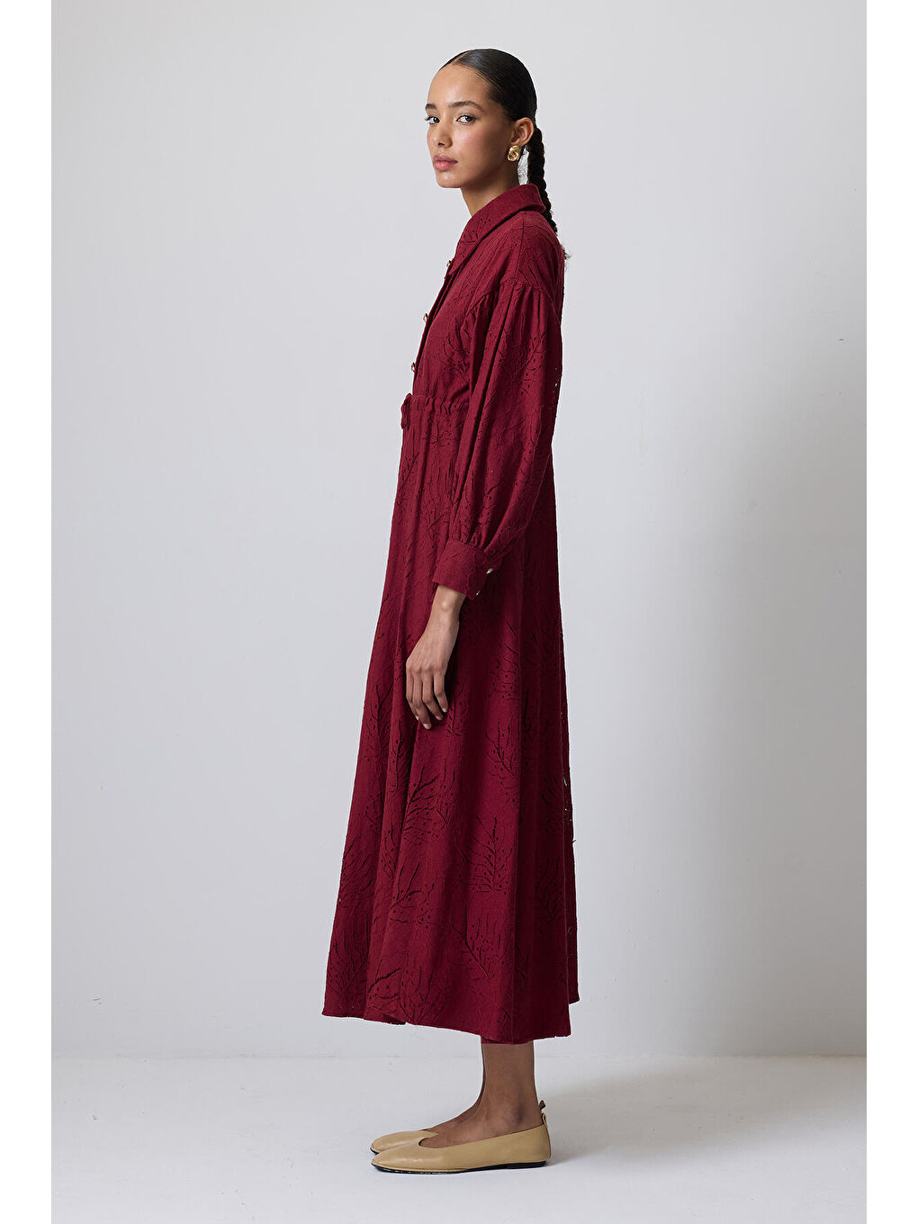 Bordo Gold Düğmeli Bağcıklı Elbise-2