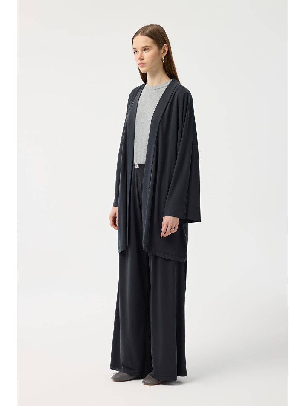 Modal Cupra Geniş Pileli Pantolon Midi Abaya Takım Siyah-1