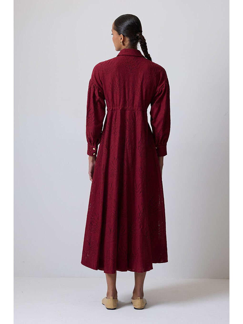 Bordo Gold Düğmeli Bağcıklı Elbise-3