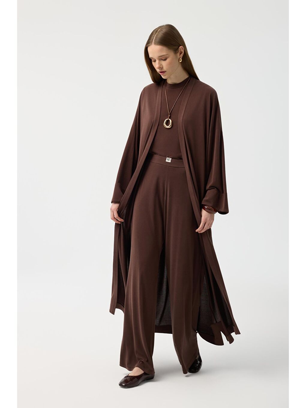 Modal Cupra Pantolon Bluz Abaya Takım Kahverengi-4