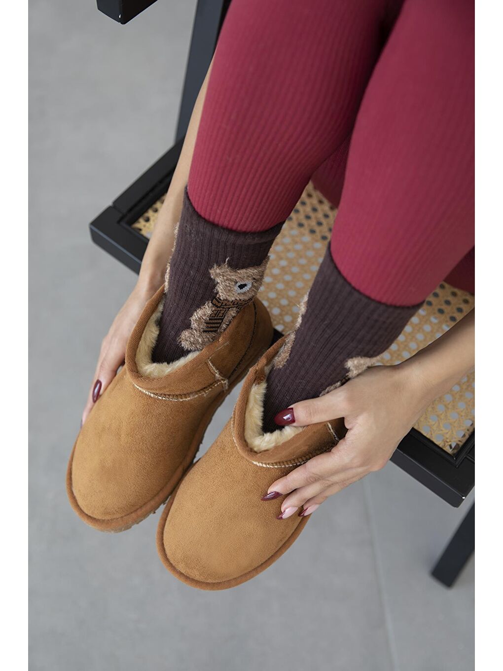 Kahverengi Asia Kadın  İçi Tüylü Kalın Taban  Süet Yarım  Bot Taba-1