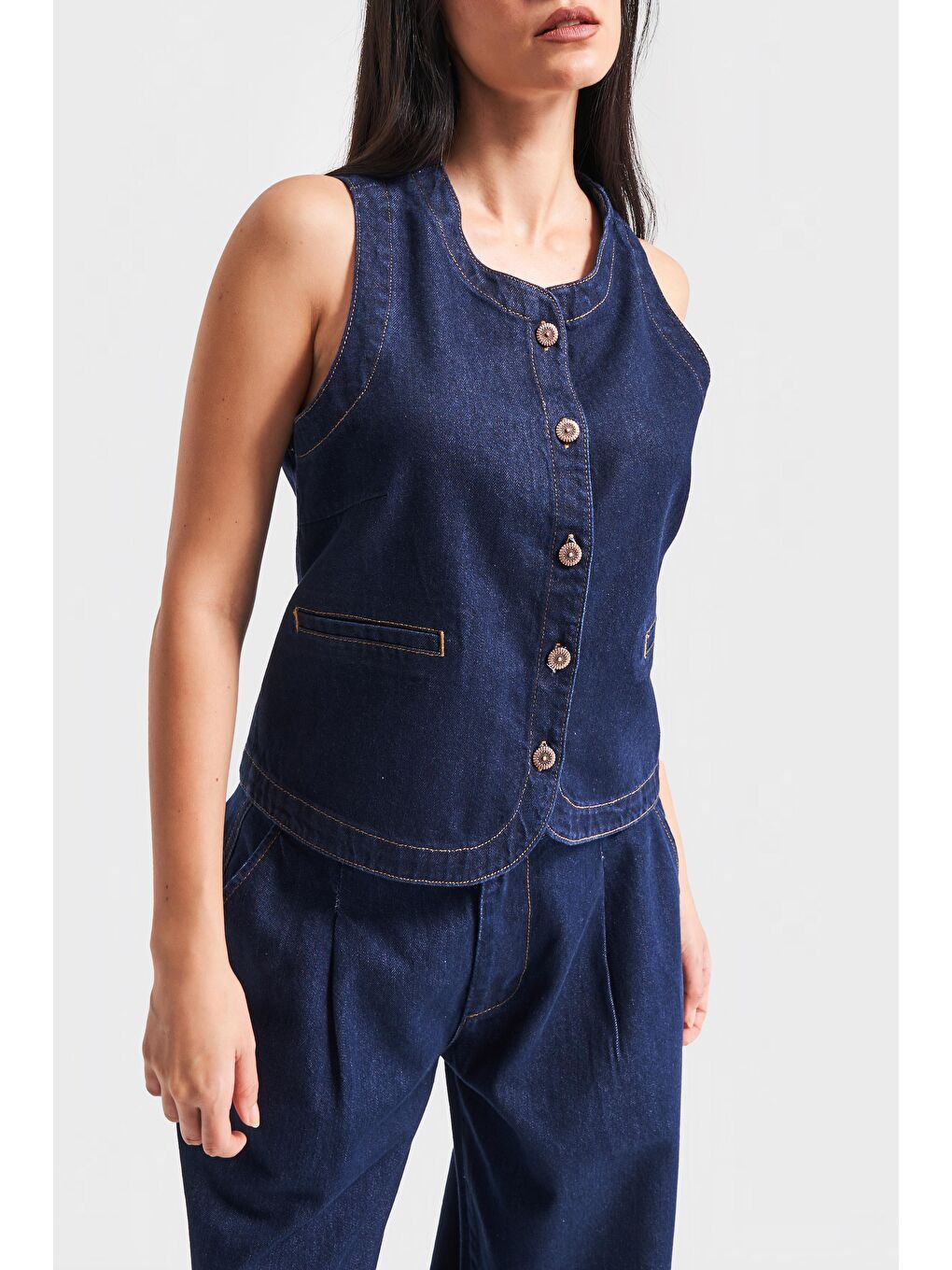 It's Basic Indigo Kadın İndigo Renk 7s5 50 Kemer Boy Önü Düğmeli  100 Pamuk Sıfır Kol Denim Yelek - 2