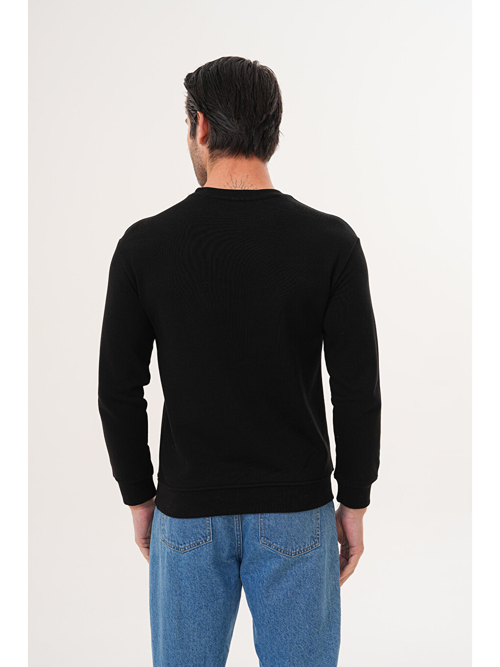 Siyah Unisex Bisiklet Yaka %100 Pamuk Basic Sweatshirt-5