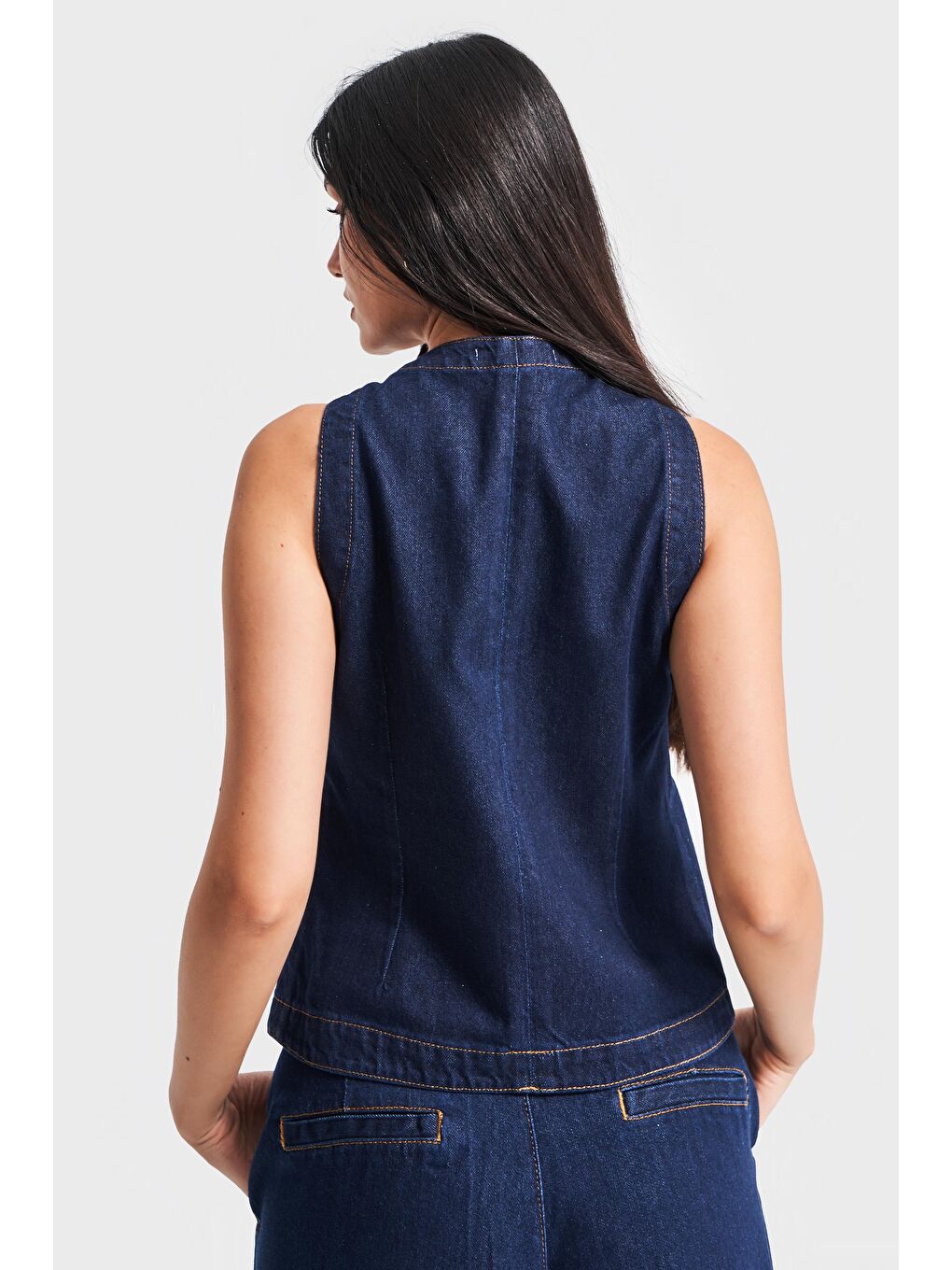 It's Basic Indigo Kadın İndigo Renk 7s5 50 Kemer Boy Önü Düğmeli  100 Pamuk Sıfır Kol Denim Yelek - 3