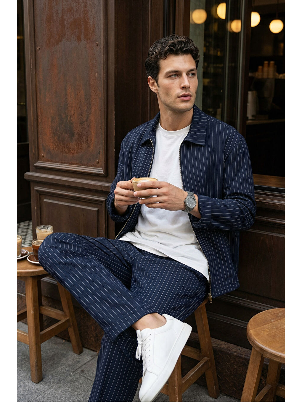 Lacivert Aniva Erkek Çizgili Geniş Kalıp İkili Takım Ceket Pantolon-1