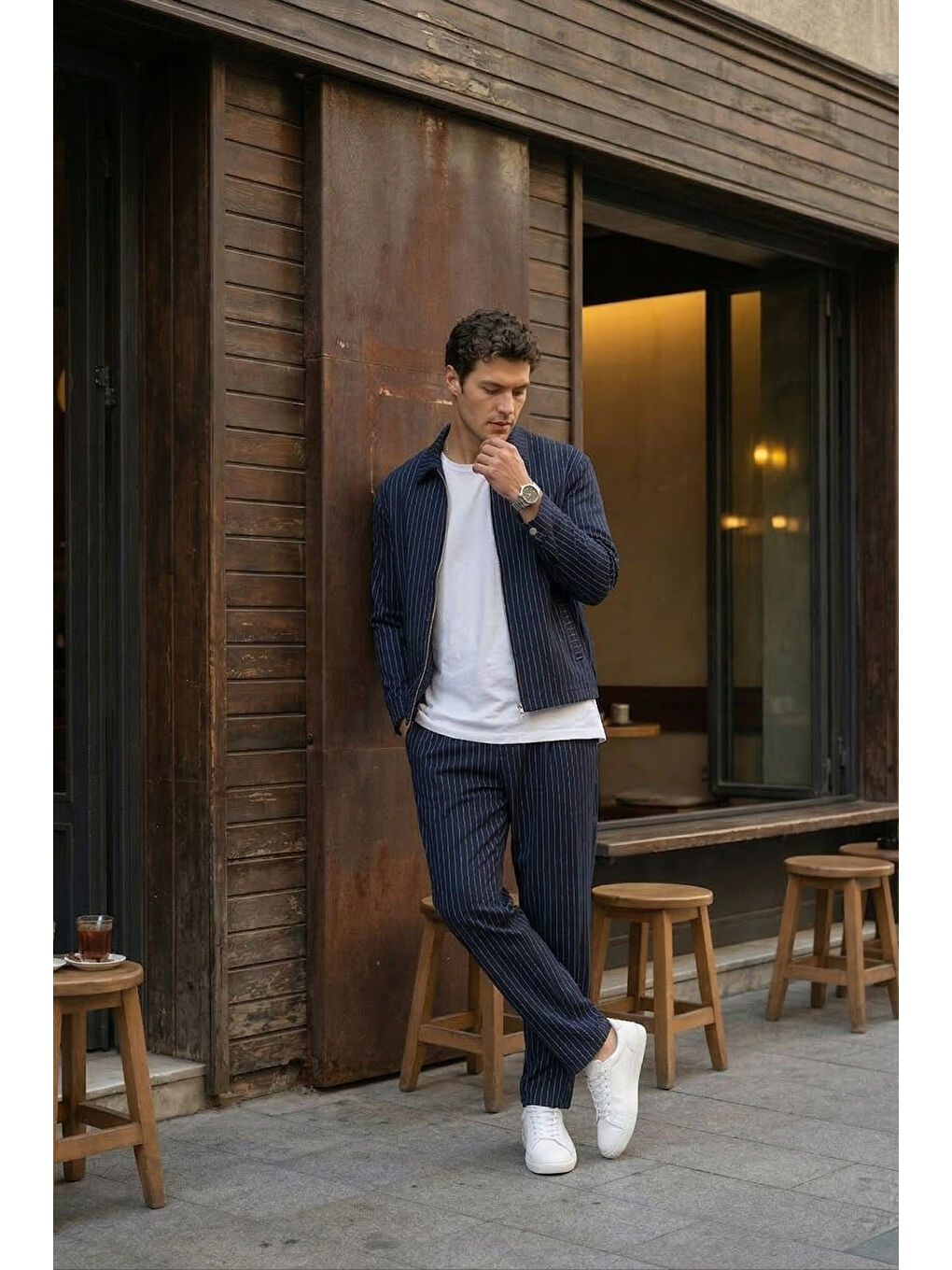 Lacivert Aniva Erkek Çizgili Geniş Kalıp İkili Takım Ceket Pantolon-2