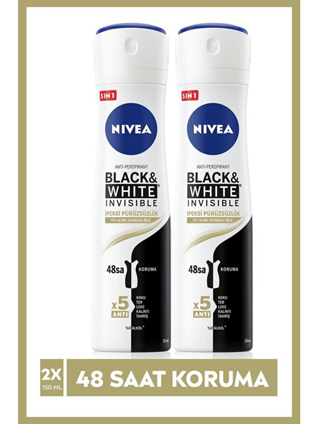 NIVEA Şeffaf Kadın Sprey Deodorant Black&White Invisible İpeksi Pürüzsüzlük, 48Saat Koruma 150 mlx2