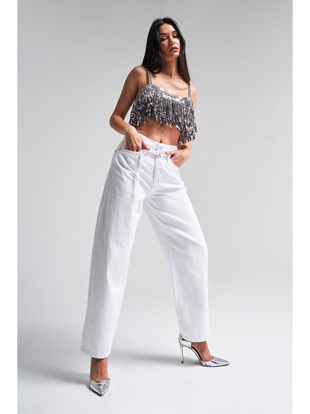 Kadın Beyaz Renk 5s5-2 Tailored Fit Kemerli %100 Pamuk İç Göstermez Denim Jean-1