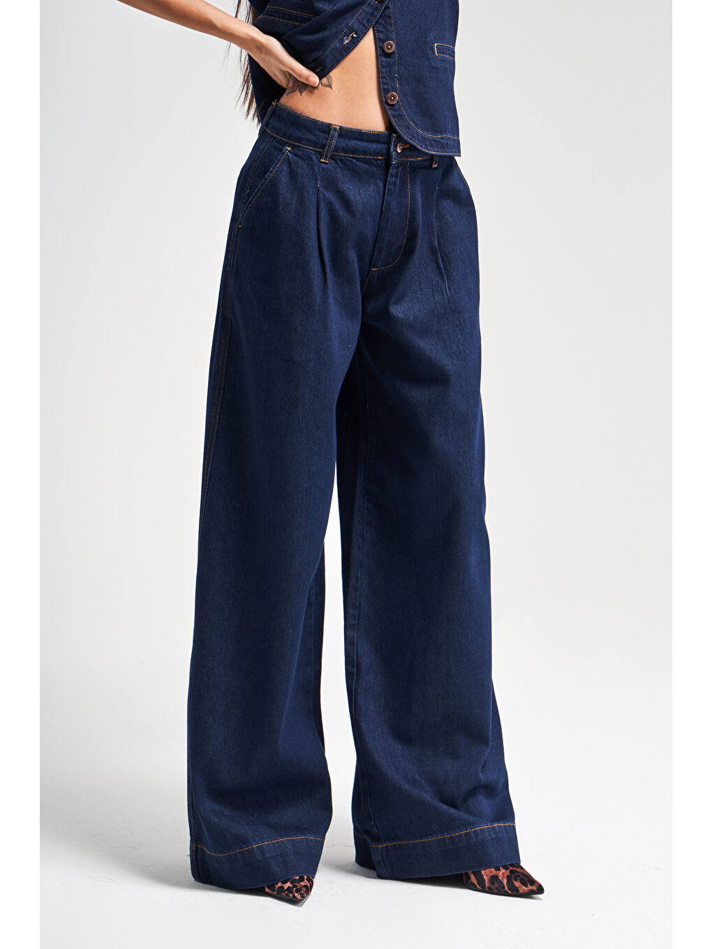 Kadın İndigo Renk 7s5-50 Mid Rise Palazzo Fit Orta Bel %100 Pamuk İç Boy 83cm Denim Jean