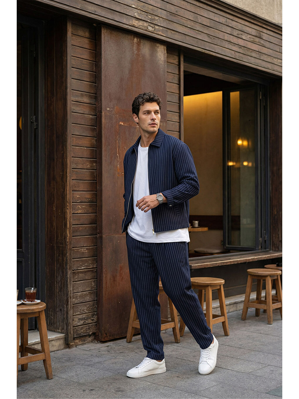 Lacivert Aniva Erkek Çizgili Geniş Kalıp İkili Takım Ceket Pantolon-3