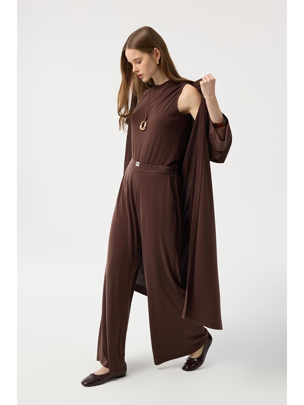 Modal Cupra Pantolon Bluz Abaya Takım Kahverengi-5