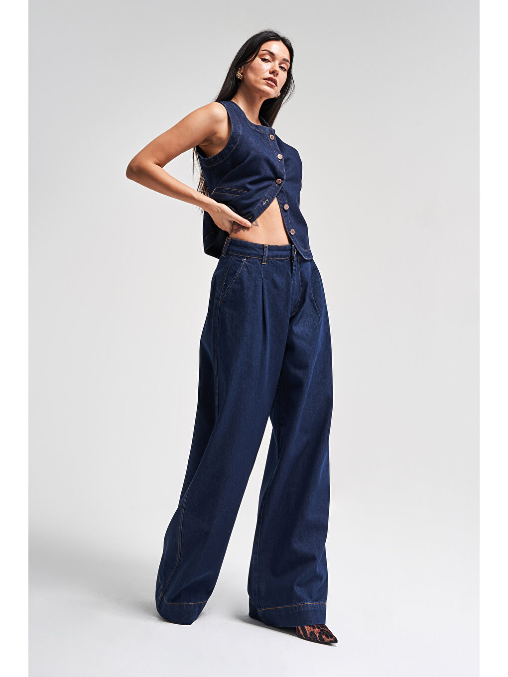 Kadın İndigo Renk 7s5-50 Mid Rise Palazzo Fit Orta Bel %100 Pamuk İç Boy 83cm Denim Jean-1