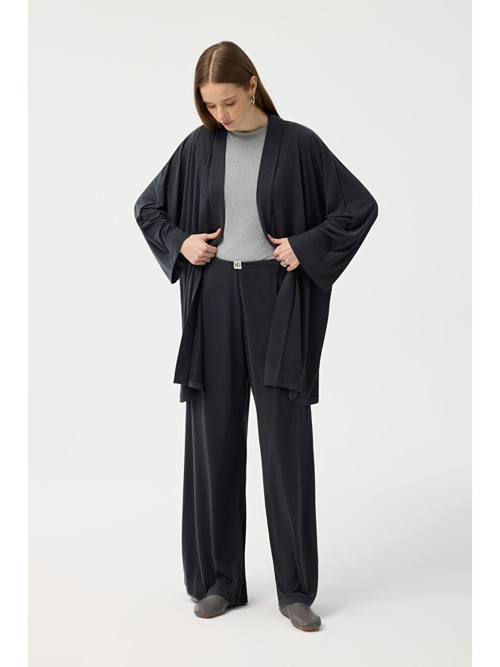 Modal Cupra Geniş Pileli Pantolon Midi Abaya Takım Siyah-2