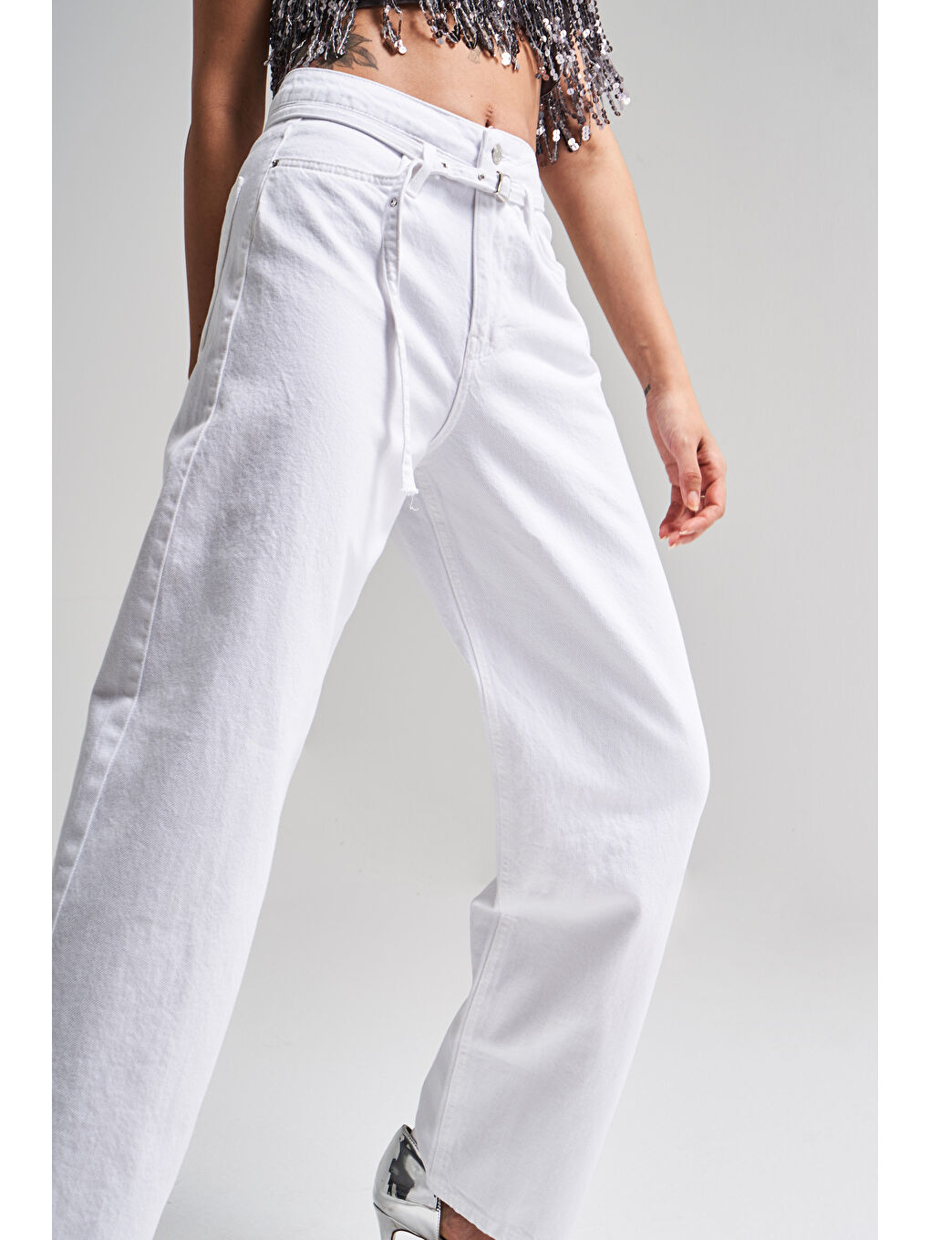 Kadın Beyaz Renk 5s5-2 Tailored Fit Kemerli %100 Pamuk İç Göstermez Denim Jean-3