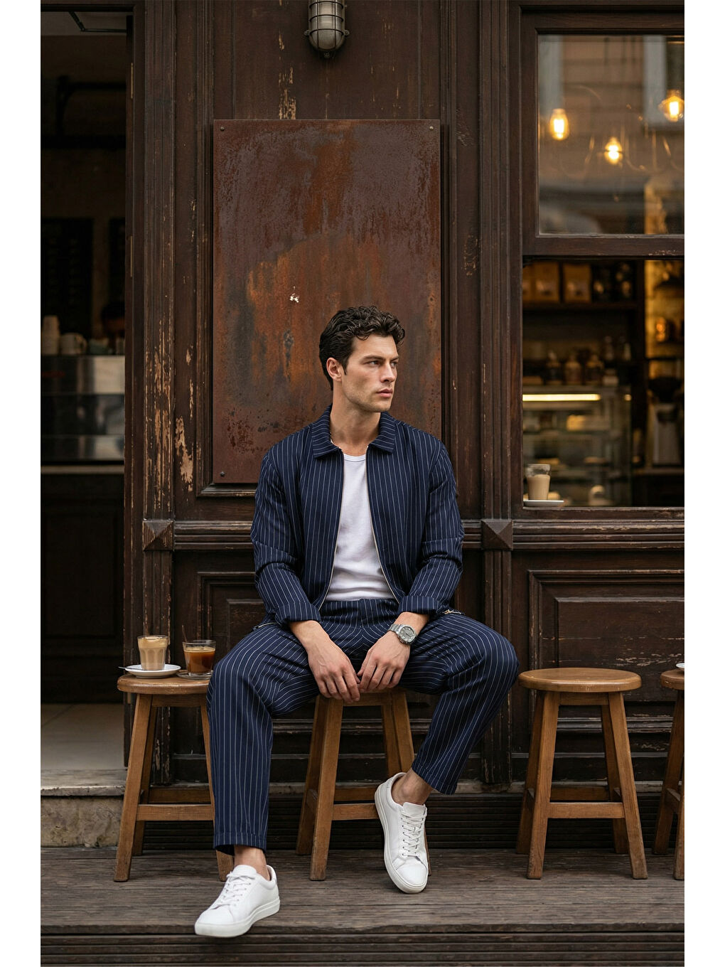 Lacivert Aniva Erkek Çizgili Geniş Kalıp İkili Takım Ceket Pantolon-4