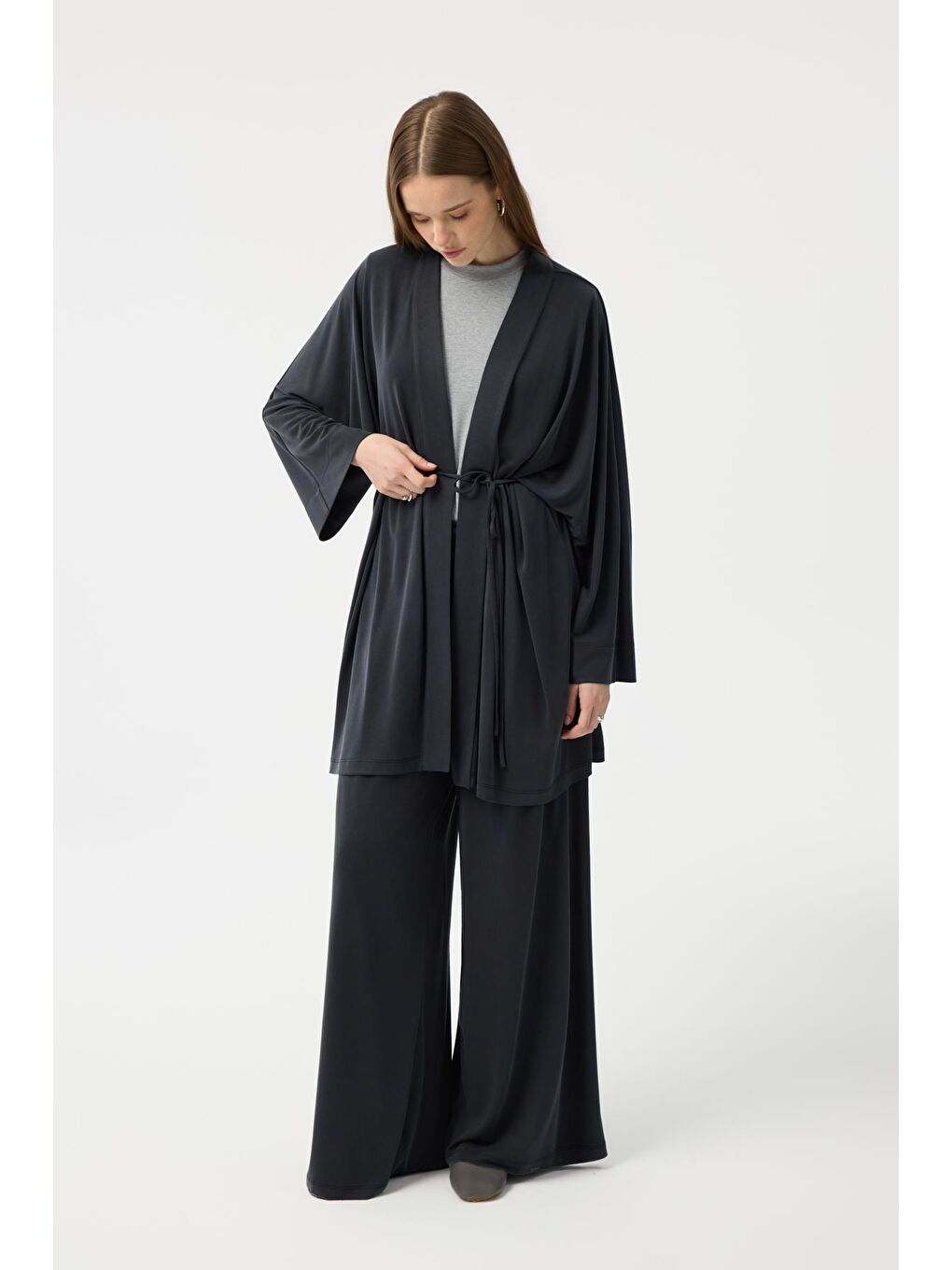 Modal Cupra Geniş Pileli Pantolon Midi Abaya Takım Siyah-5