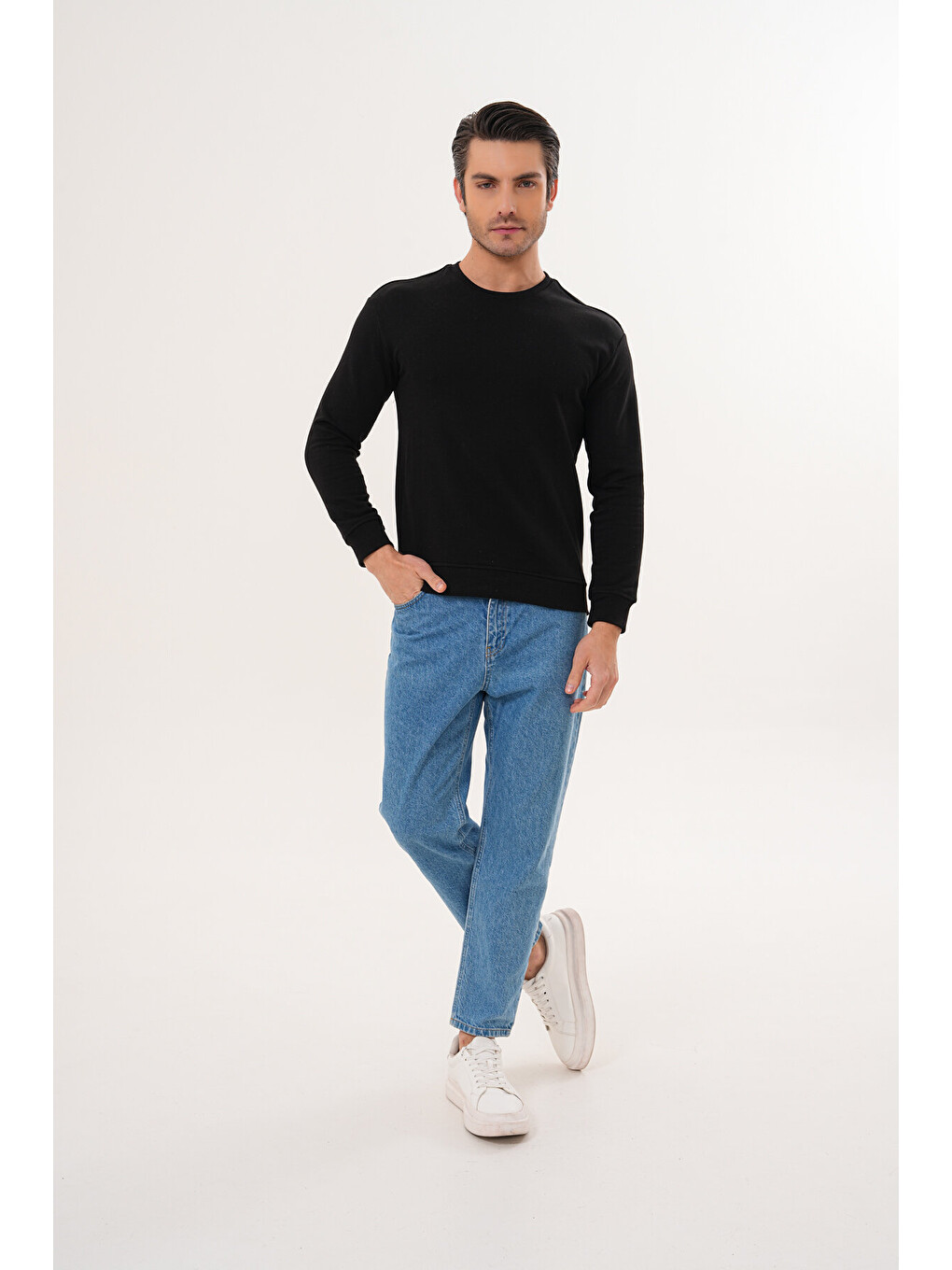Siyah Unisex Bisiklet Yaka %100 Pamuk Basic Sweatshirt-7