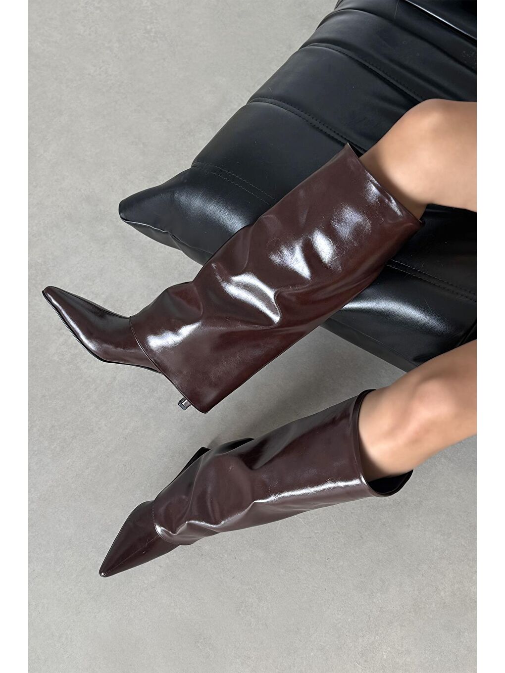 Kahverengi Fabian Kadın Tozluk Detay Kırışık Deri Çizme Kahve-2