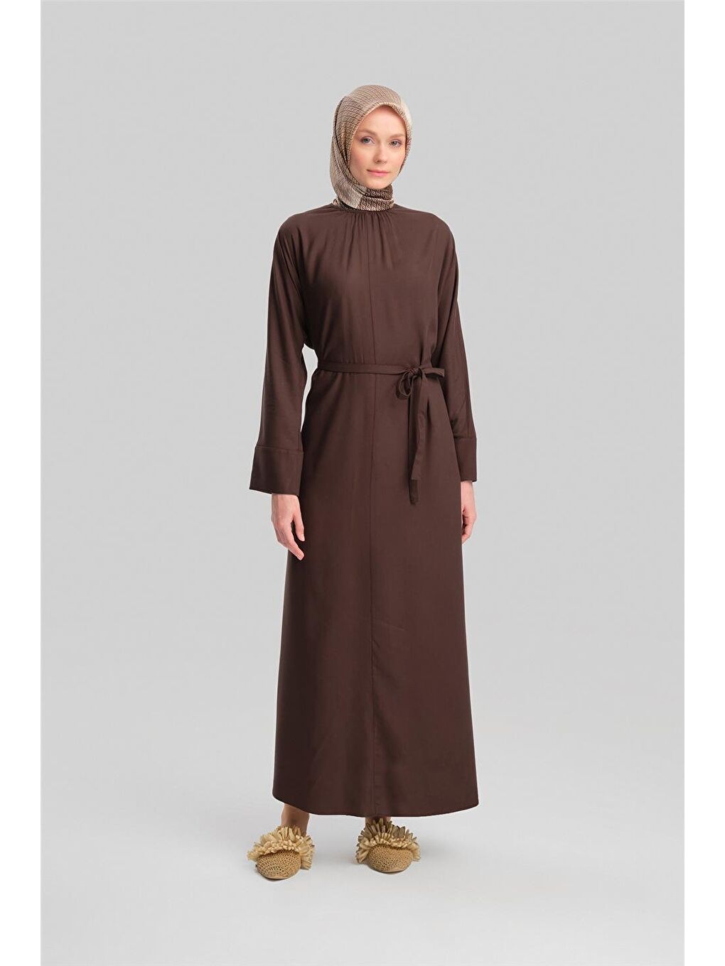 Kahverengi Kolu Bütün Viskon Lyocell Elbise 24Y9821 Acı Kahve-1