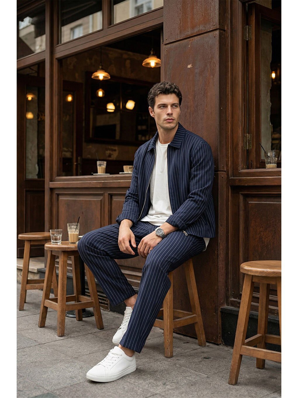 Lacivert Aniva Erkek Çizgili Geniş Kalıp İkili Takım Ceket Pantolon-5