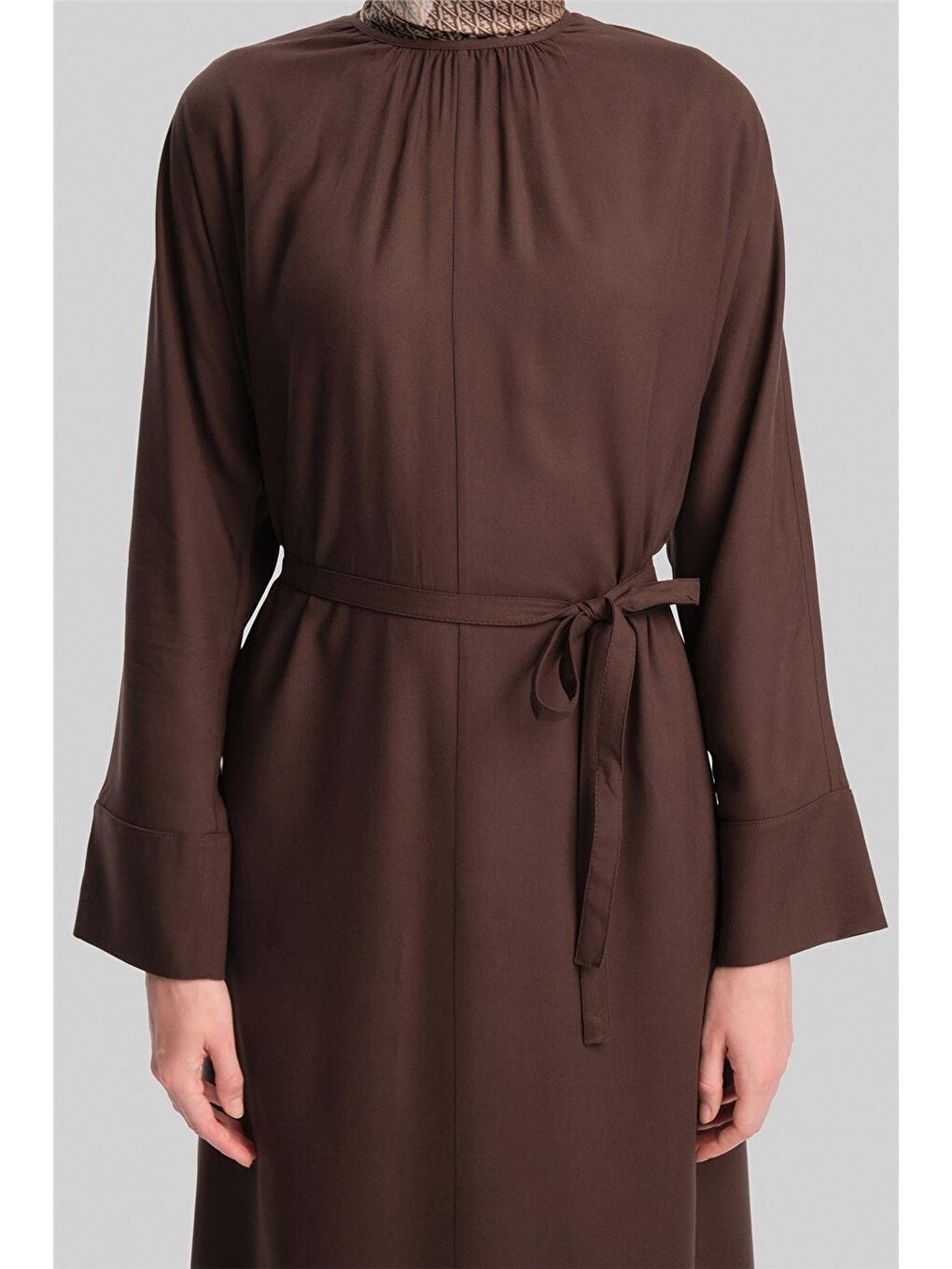 Kahverengi Kolu Bütün Viskon Lyocell Elbise 24Y9821 Acı Kahve-4