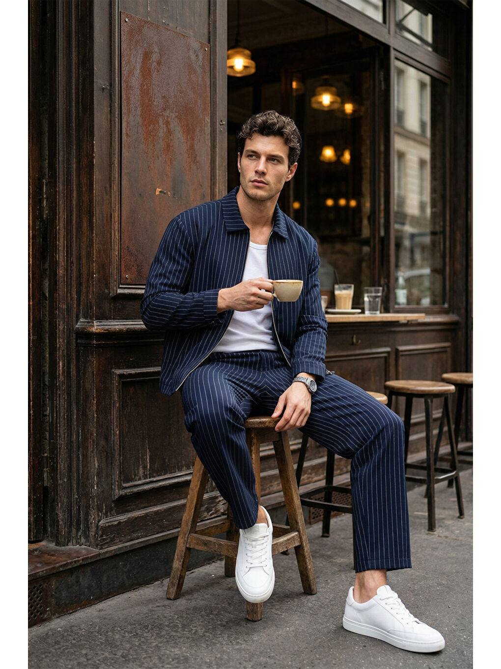 Lacivert Aniva Erkek Çizgili Geniş Kalıp İkili Takım Ceket Pantolon-6