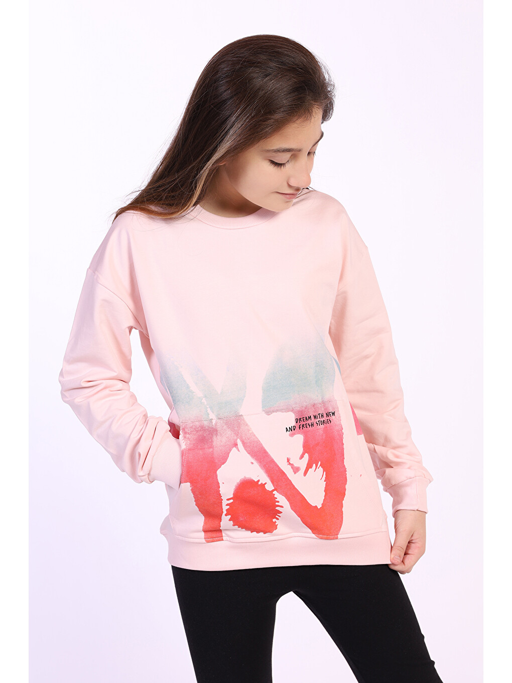 Pembe Kız Çocuk Cepi Yazı Baskılı Sweatshirt