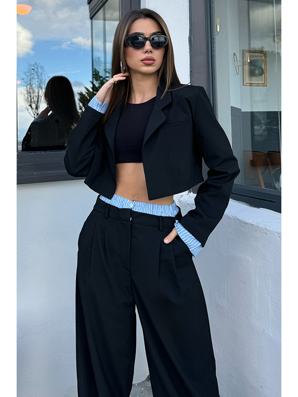 GÜLSELİ Siyah Kadın Crop Top Ceket Pantolon İkili Takım