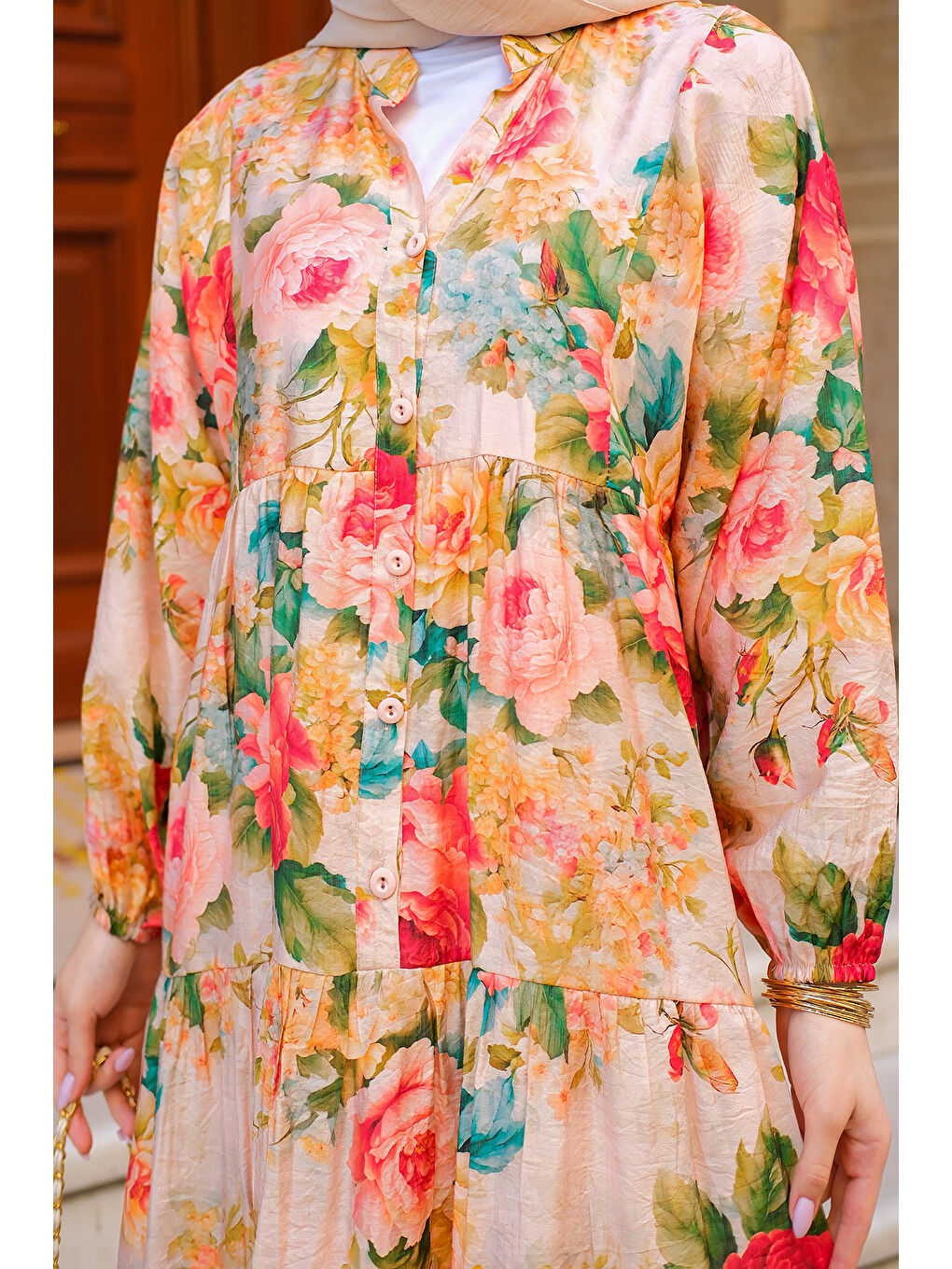 Kırmızı Kadın Gül Desenli Elbise Nar Çiçeği-3