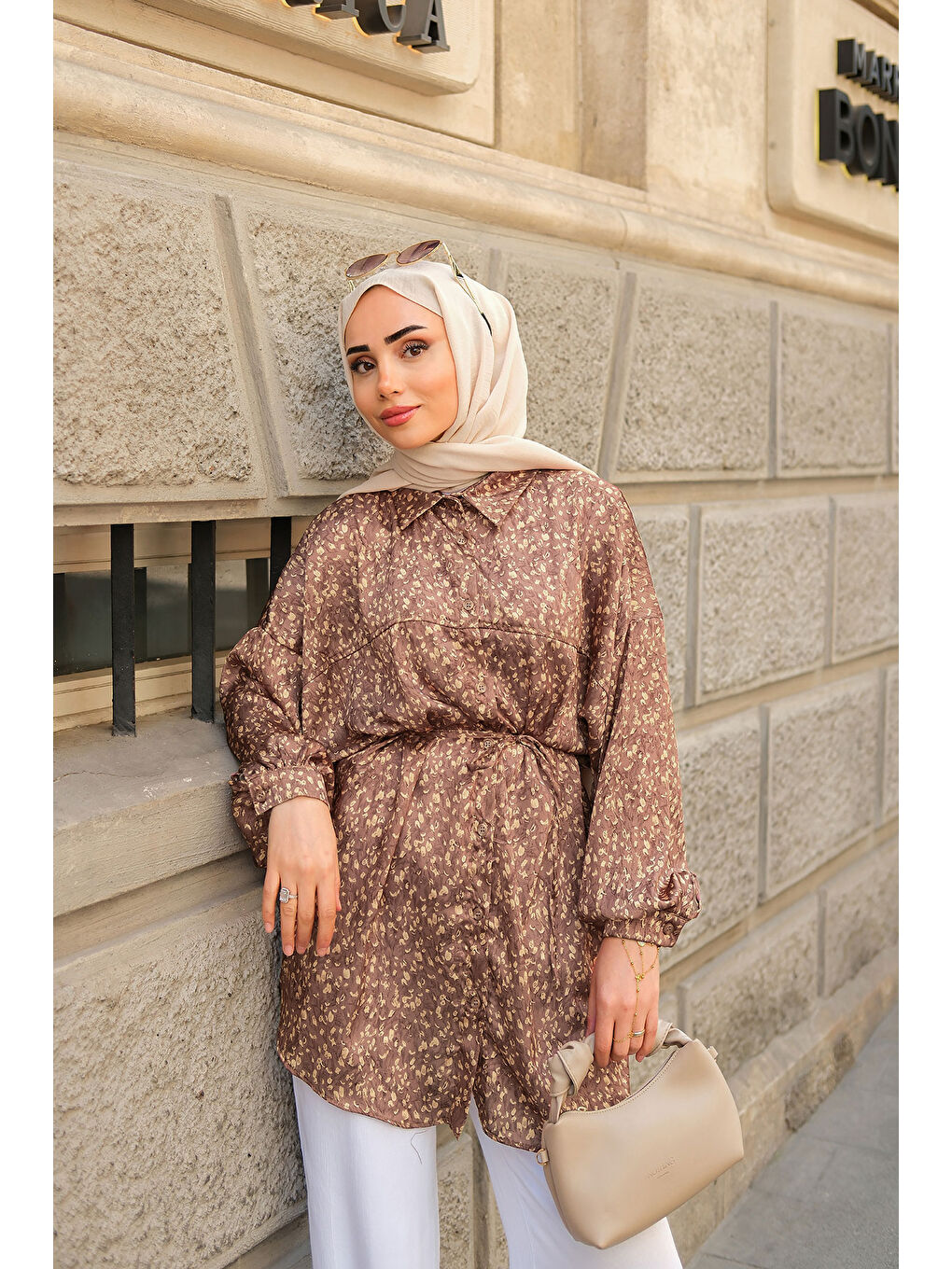 Kadın Bel Bağlamalı Desenli Gömlek Kahverengi-2