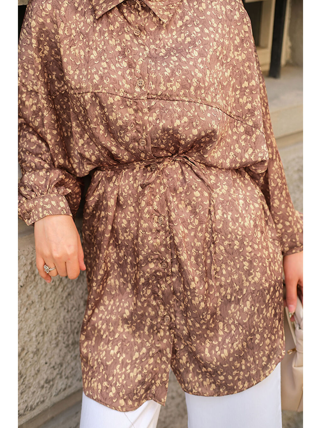 Kadın Bel Bağlamalı Desenli Gömlek Kahverengi-3