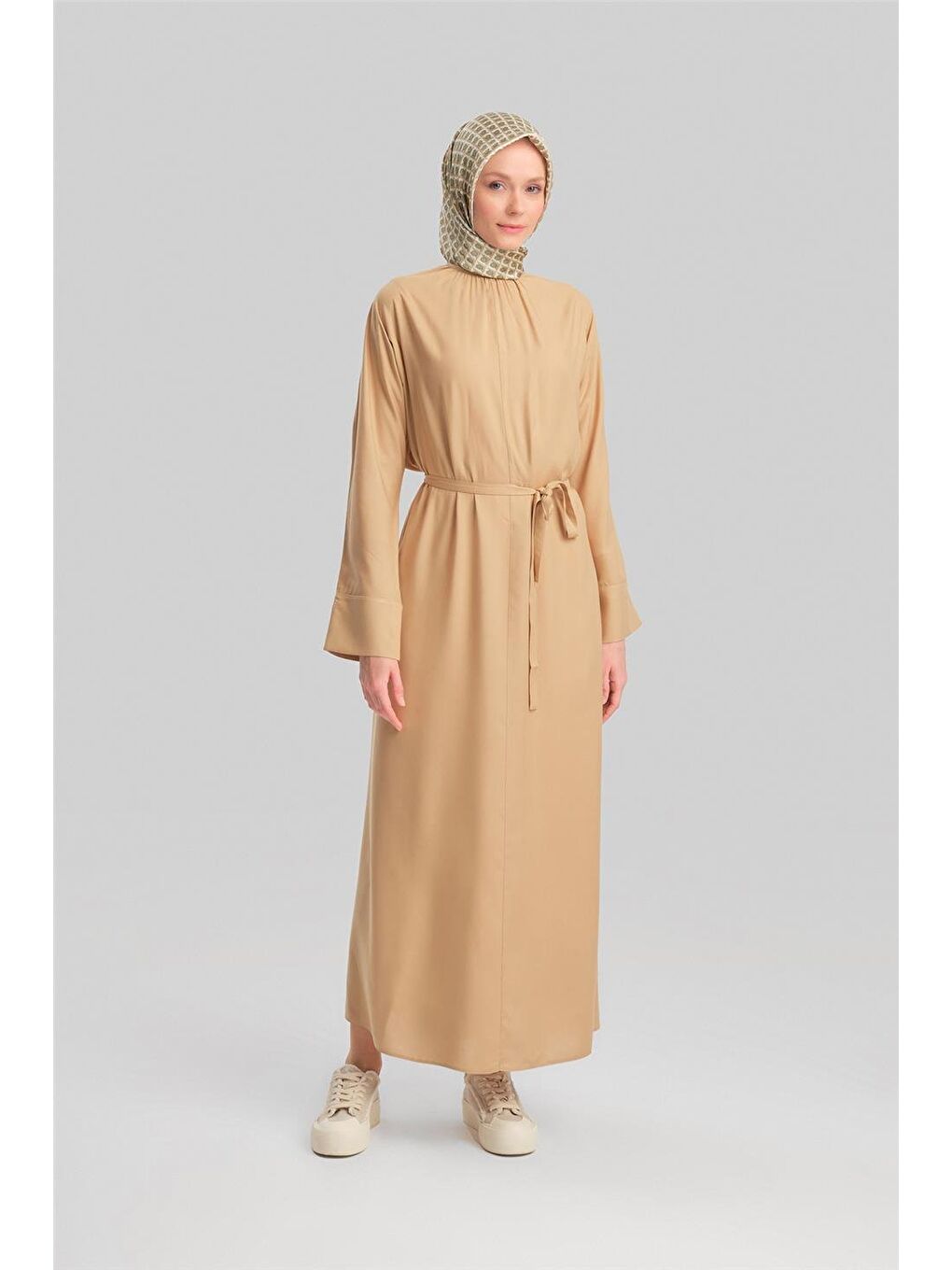 Kahverengi Kolu Bütün Viskon Lyocell Elbise 24Y9821 Camel