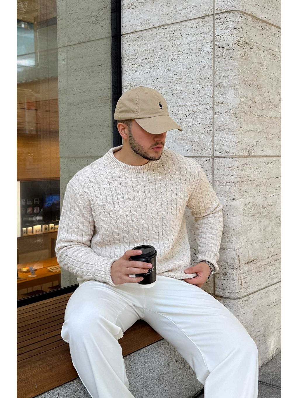 Bej Mira Premium Saç Örgü Bisiklet Yaka Kalın Triko Kazak-1