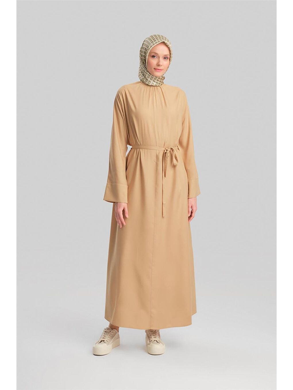 Kahverengi Kolu Bütün Viskon Lyocell Elbise 24Y9821 Camel-1