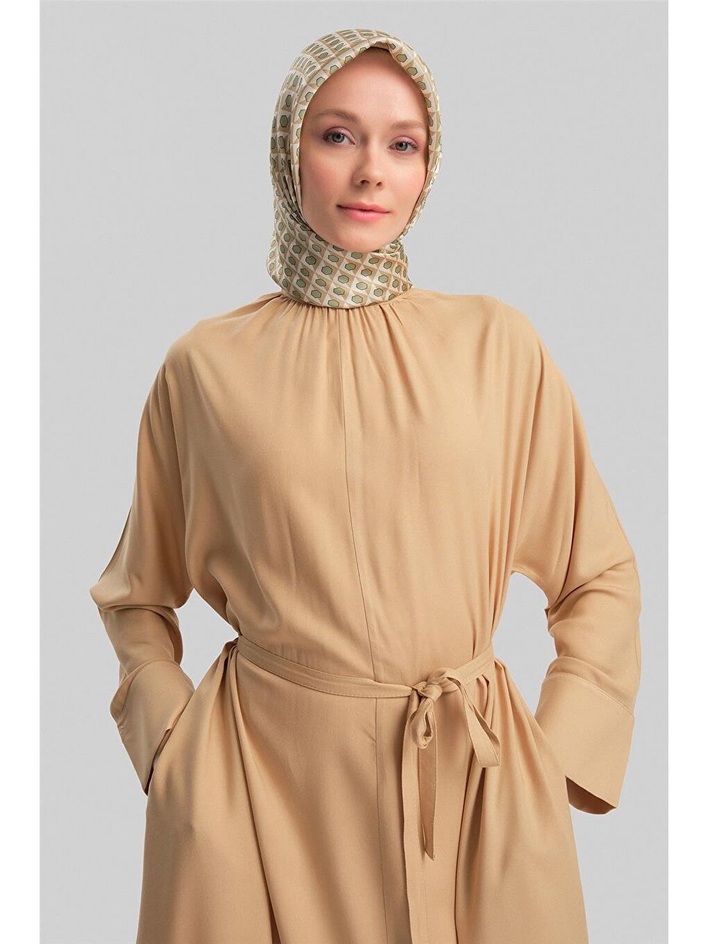 Kahverengi Kolu Bütün Viskon Lyocell Elbise 24Y9821 Camel-3