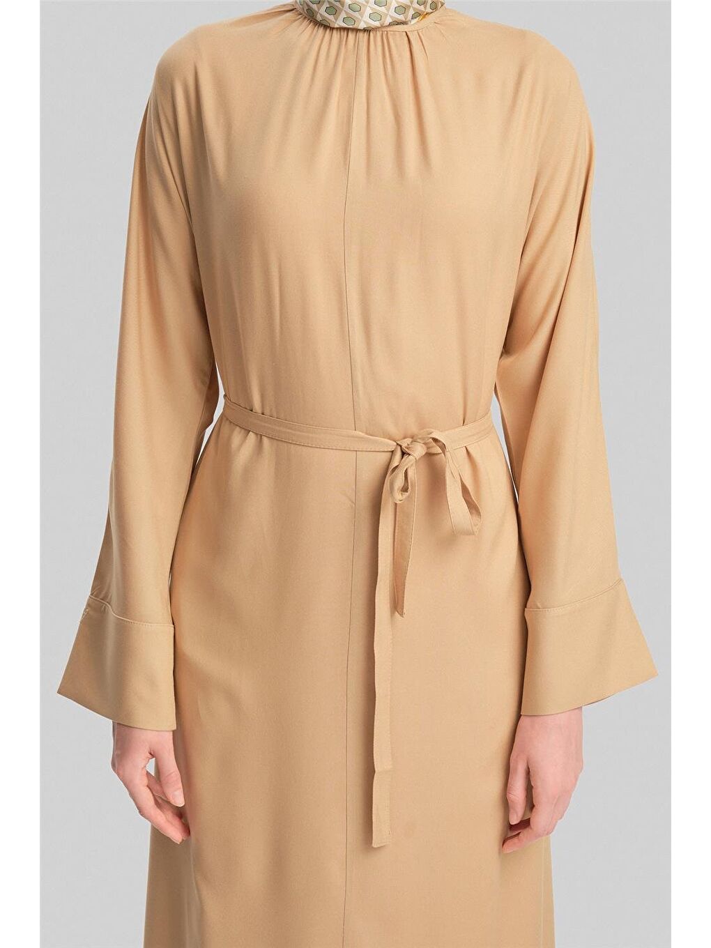 Kahverengi Kolu Bütün Viskon Lyocell Elbise 24Y9821 Camel-4