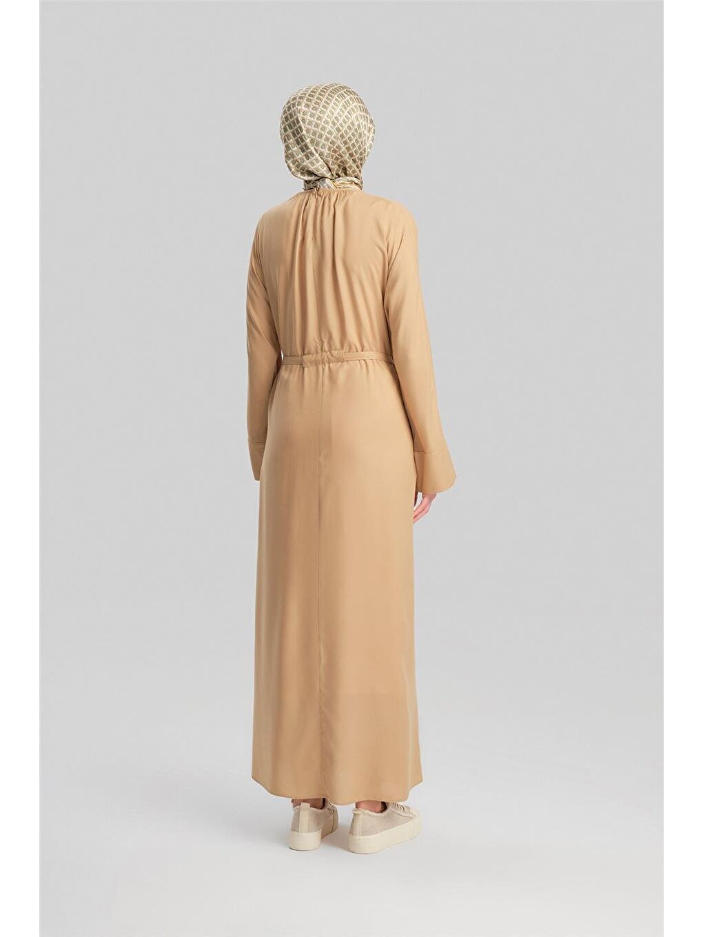 Kahverengi Kolu Bütün Viskon Lyocell Elbise 24Y9821 Camel-5