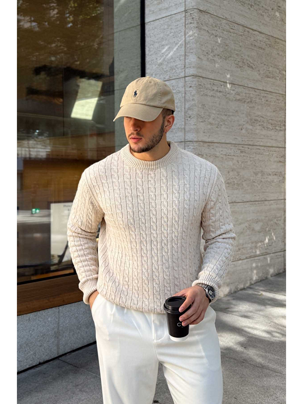 Bej Mira Premium Saç Örgü Bisiklet Yaka Kalın Triko Kazak-2