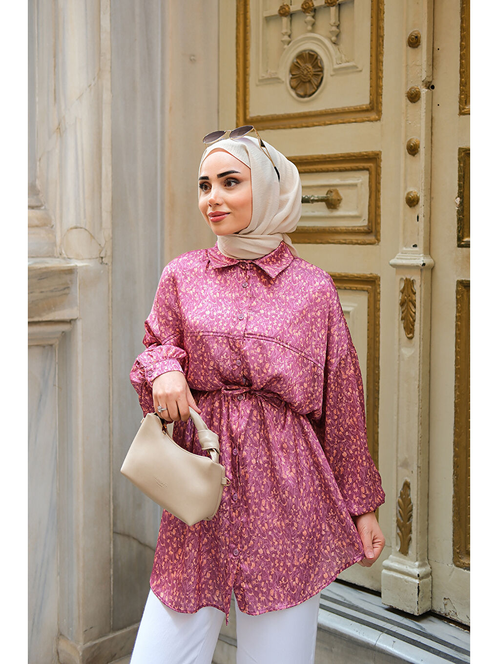 Kadın Bel Bağlamalı Desenli Gömlek Fuşya