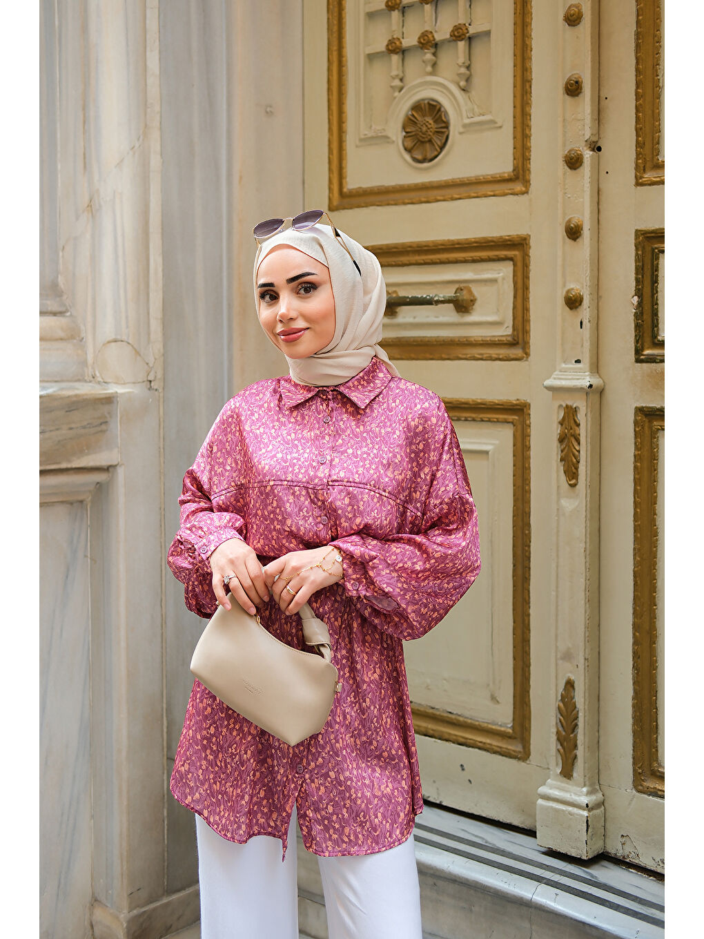 Kadın Bel Bağlamalı Desenli Gömlek Fuşya-1