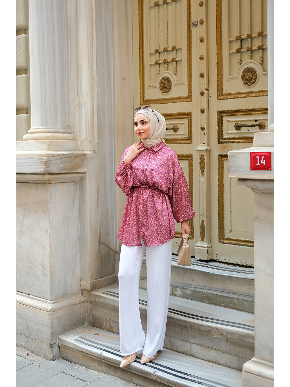 Kadın Bel Bağlamalı Desenli Gömlek Fuşya-2