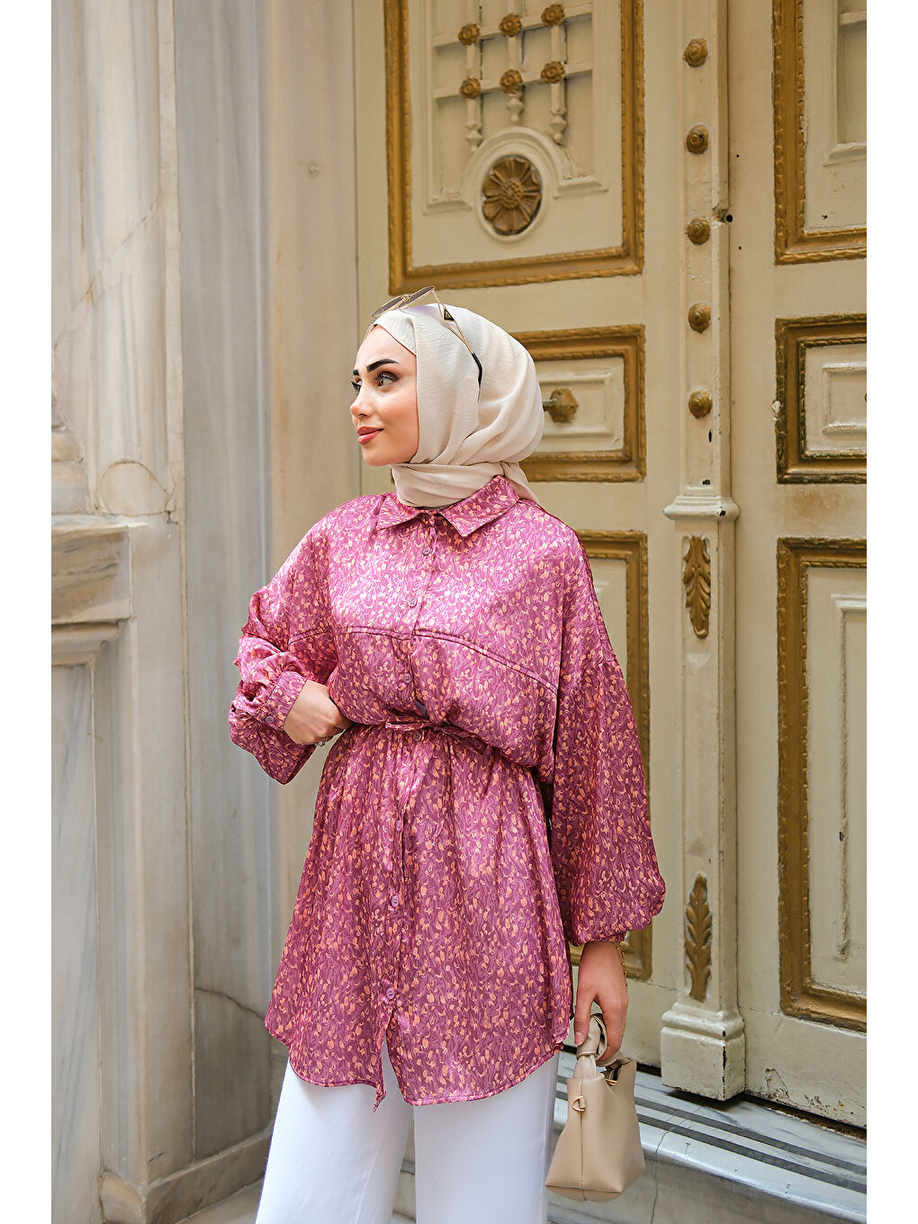 Kadın Bel Bağlamalı Desenli Gömlek Fuşya-3