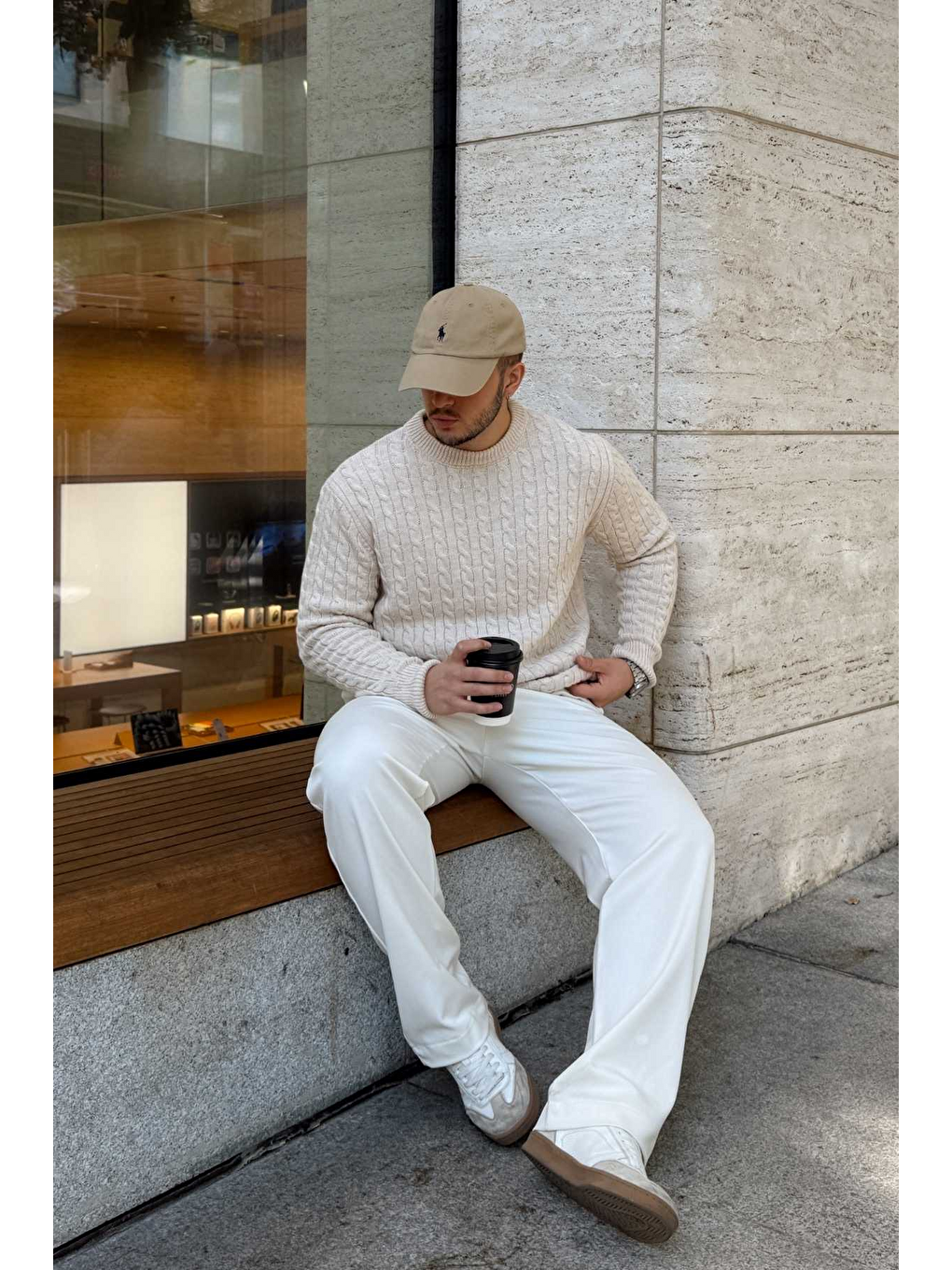 Bej Mira Premium Saç Örgü Bisiklet Yaka Kalın Triko Kazak-3