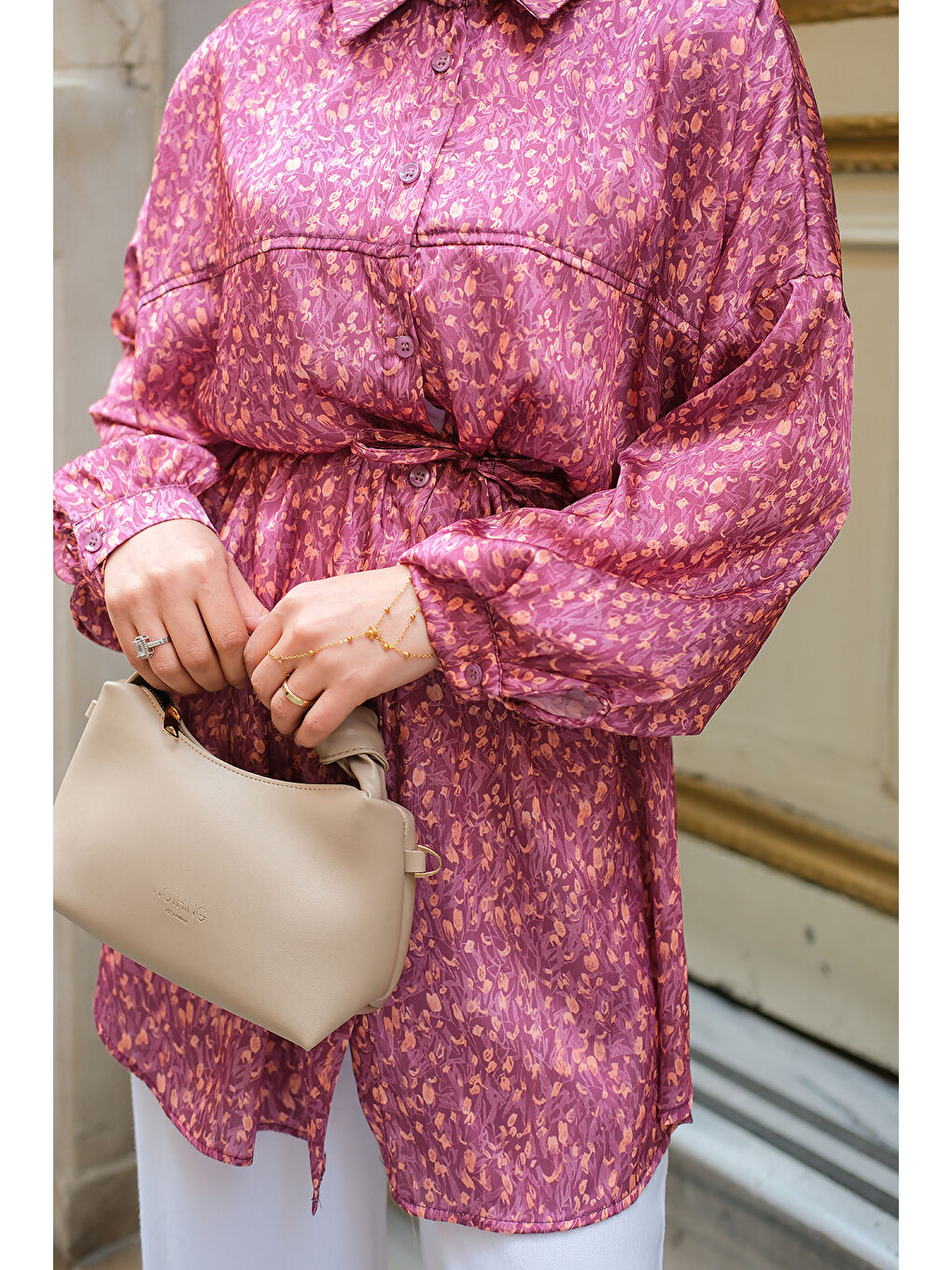 Kadın Bel Bağlamalı Desenli Gömlek Fuşya-4