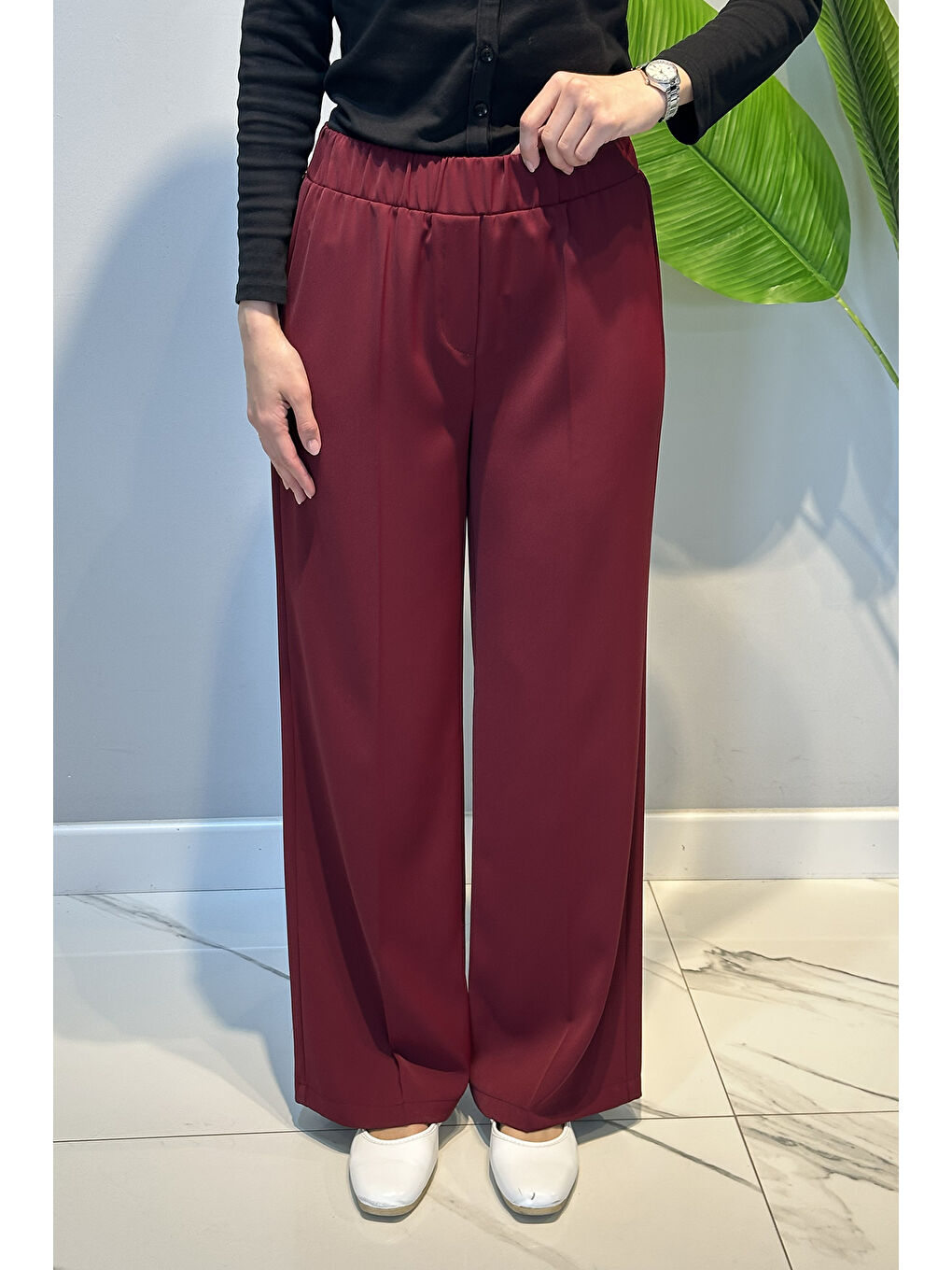 Beli Lastikli Geniş Paça Pantolon 5580 Bordo-1